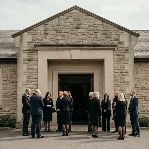 Entrée d'un crématorium avec des personnes en deuil rassemblées pour des obsèques