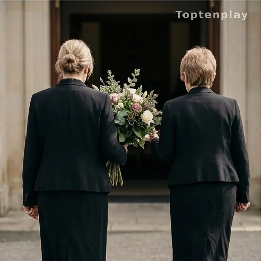Deux femmes de dos portant un bouquet de fleurs lors d'une cérémonie funèbre