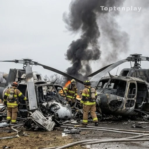 Débris d'hélicoptères au sol entourés de pompiers après la collision à Rio