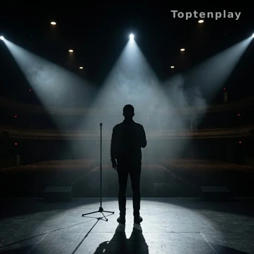 Silhouette d'un chanteur de dos sur scène, tournée musicale internationale