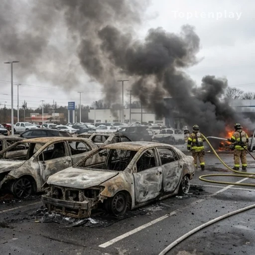 Parking d'un concessionnaire automobile avec véhicules incendiés après un accident