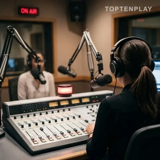Studio radio avec micros pendant une interview
