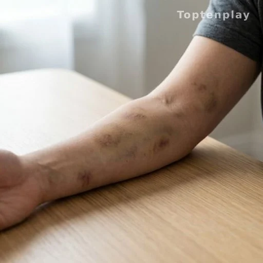 Bras avec hématomes visibles, témoignage de violences conjugales alléguées