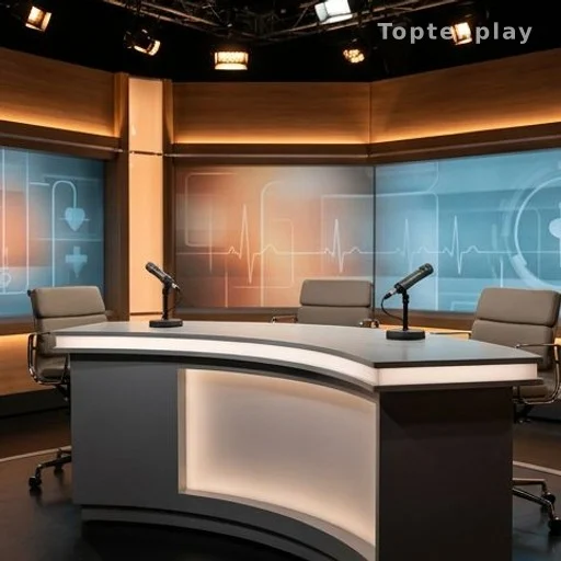 Plateau de télévision d'émission de santé, studio vide avec bureau et micros