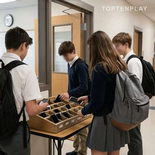 Lycéens déposant leurs téléphones avant un cours