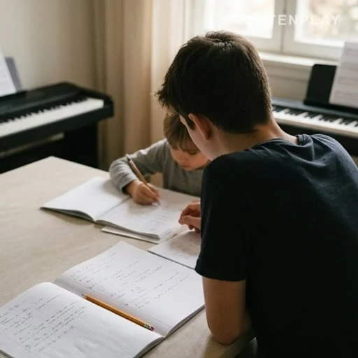Lycéen aidant un enfant à faire ses devoirs