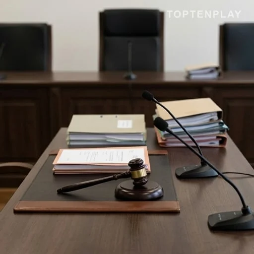 Dossier de justice et micros dans un tribunal
