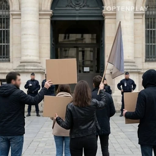 Manifestants anonymes devant un tribunal français