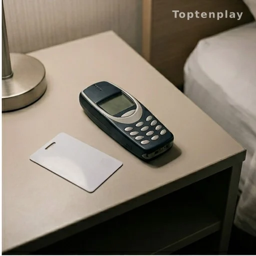 Téléphone portable des années 1990 posé sur une table de chevet d'hôtel