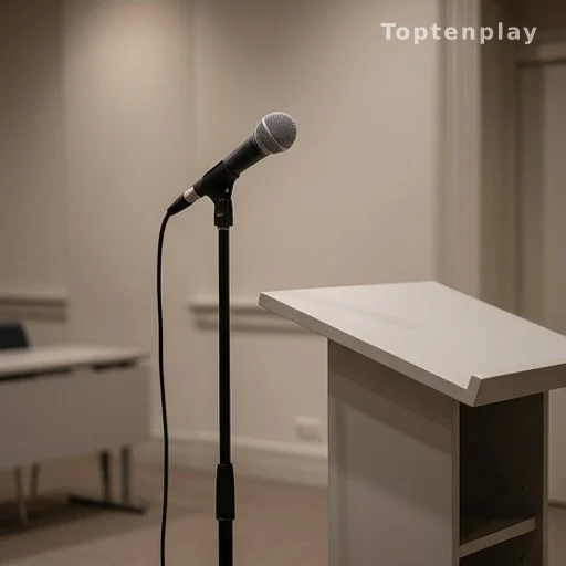 Pupitre et microphone de conférence de presse, déclaration publique