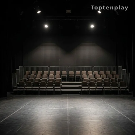 Scène de théâtre vide après annulation de représentations dans l'affaire Bruel