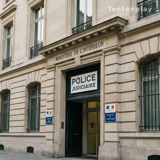 Entrée d'un district de la police judiciaire à Paris, procédure judiciaire