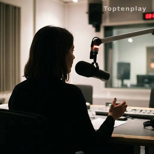 Femme de dos au micro d'une radio, témoignage dans une affaire judiciaire