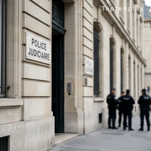 Entrée du district de police judiciaire de Paris, garde à vue Patrick Bruel