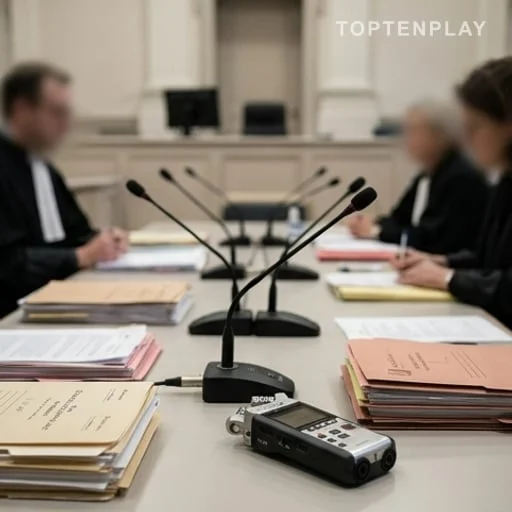Table de justice avec dossiers et microphones