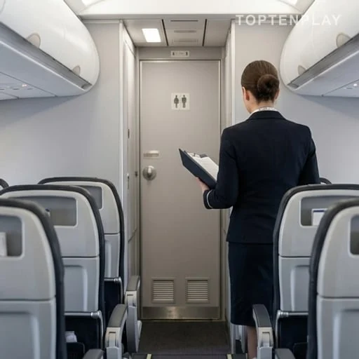 Hôtesse de dos près de toilettes d’avion