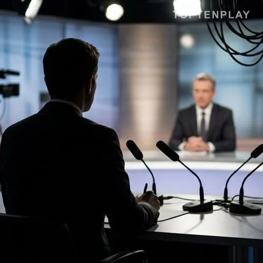 Plateau télévisé avec avocate et micros anonymes