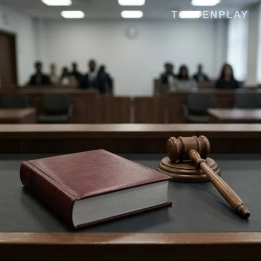 Salle d’audience avec code pénal et avocat