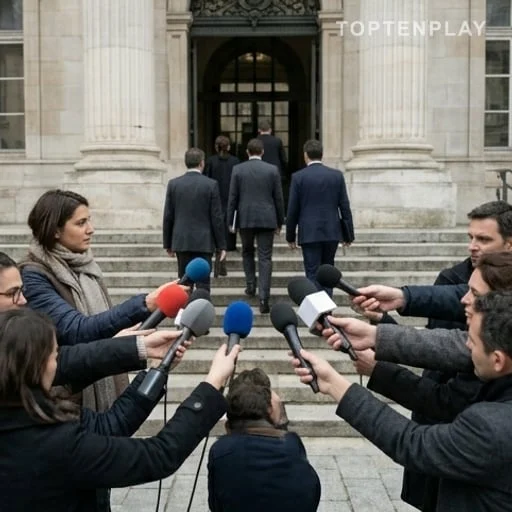 Avocats et journalistes devant un tribunal