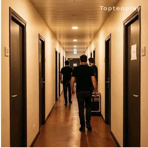 Couloir de loges d'artistes lors d'un festival, personnel de dos, milieu du spectacle