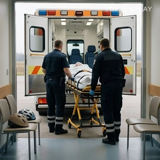 Ambulance et casque après accident de la route