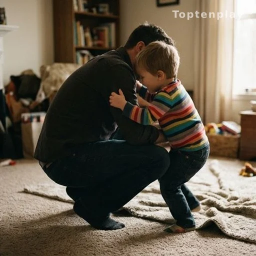 Père et enfant jouant ensemble au sol, jeu physique et développement de l'autorégulation émotionnelle