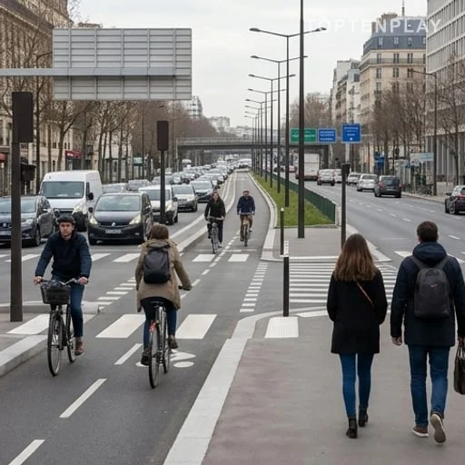 Cyclistes et piétons près de la porte de Gentilly