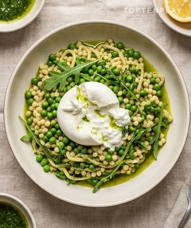 Perles aux petits pois et burrata : le plat d'été qu'on refait chaque semaine
