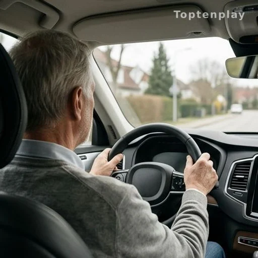 Conducteur senior au volant d'une voiture, contrôle aptitude permis de conduire