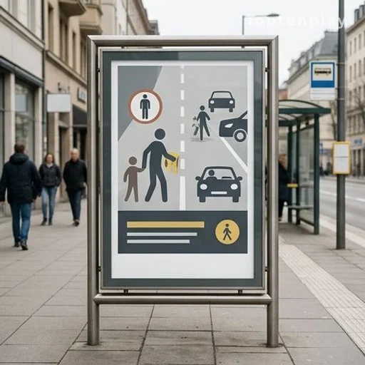 Campagne de sécurité routière européenne, affiche sur route urbaine