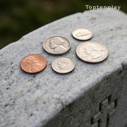 Pièces de monnaie américaines déposées sur une pierre tombale militaire