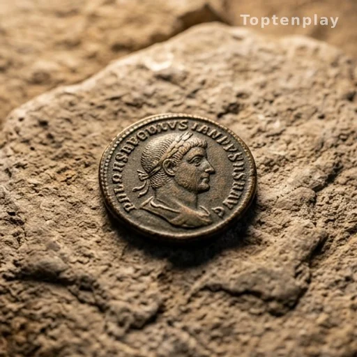 Pièce de monnaie antique romaine sur une surface en pierre, tradition funéraire