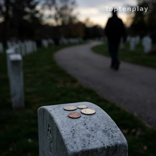 Cimetière au crépuscule avec pièces sur une tombe et silhouette en arrière-plan