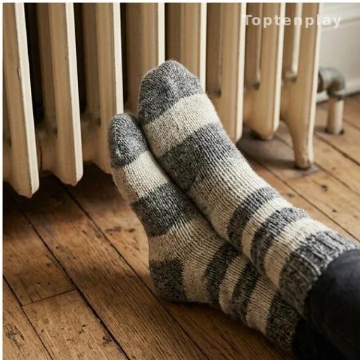 Pieds en chaussettes de laine près d'un radiateur pour améliorer la circulation sanguine
