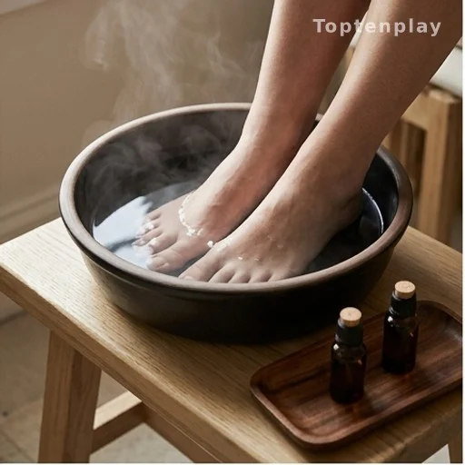 Bain de pieds chaud avec huiles essentielles pour stimuler la circulation sanguine en hiver