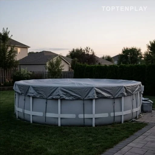 Piscine hors sol bâchée dans un jardin