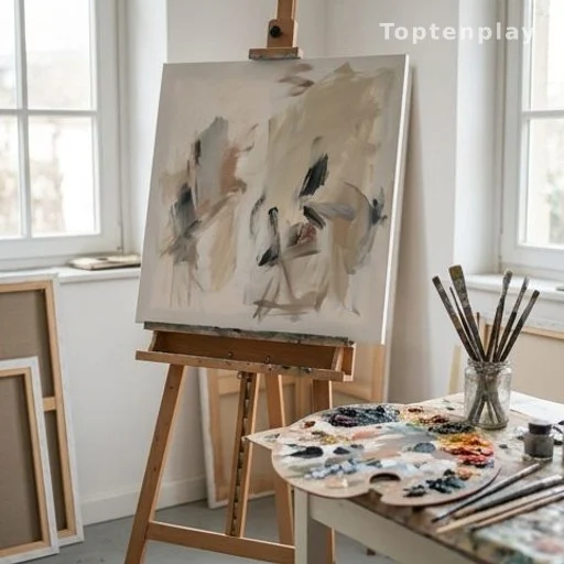 Atelier de peintre avec toile et pinceaux, évoquant Yannick le compagnon artiste de Flavie Flament