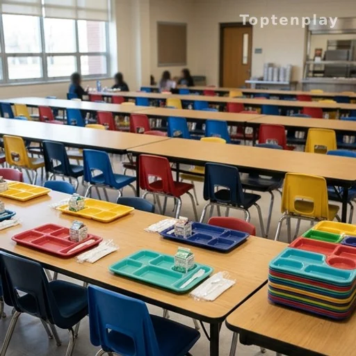 Cantine d'école primaire avec tables et plateaux repas, enfants de dos