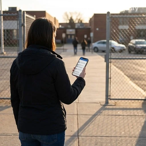Parent consultant son téléphone devant une grille d'école, découverte d'une information