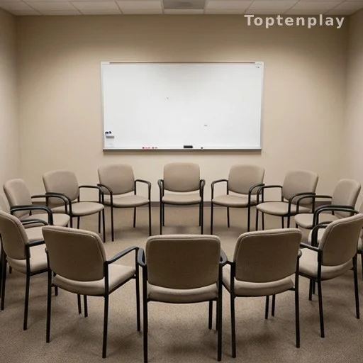 Salle de réunion vide avec chaises disposées en cercle, dialogue scolaire en attente