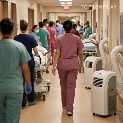Couloir d’urgences saturé avec climatiseurs portables