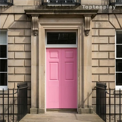 Porte d'entrée rose vif sur une maison en pierre dans un quartier historique classé