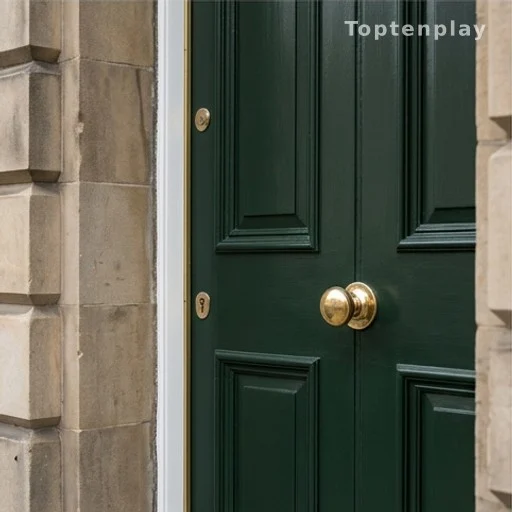 Porte en bois repeinte en vert sur une façade en pierre d'un bâtiment historique