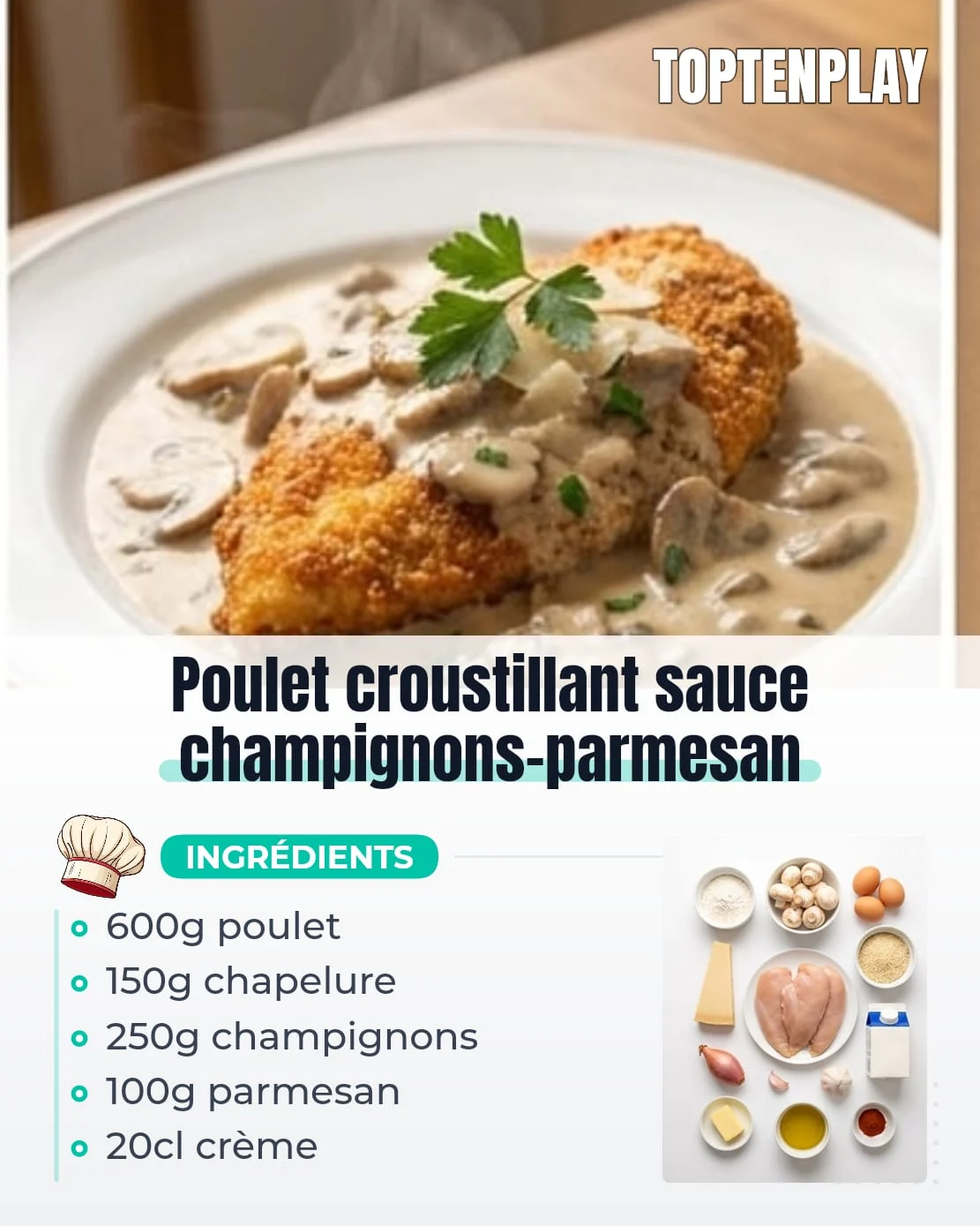 Poulet croustillant sauce champignons-parmesan