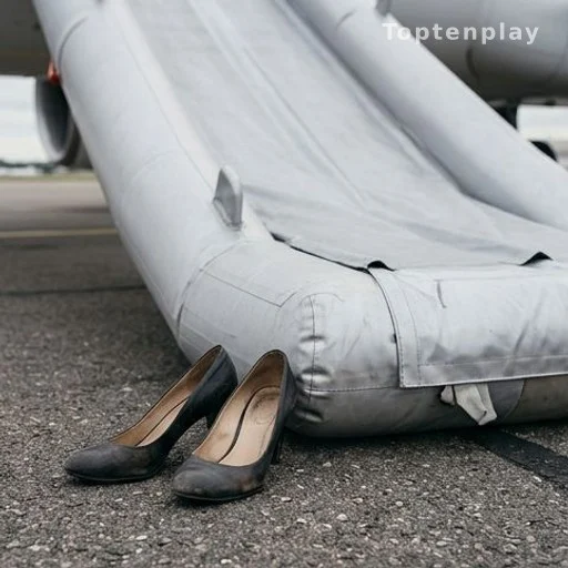 Talons aiguilles posés près d'un toboggan d'évacuation d'avion gonflable