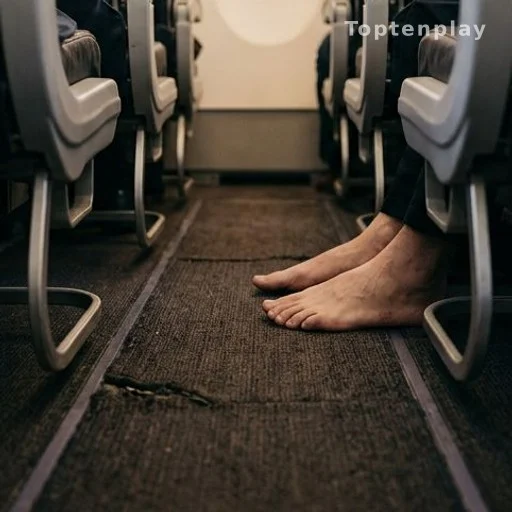 Pieds nus sur le sol de la cabine d'un avion, risque hygiénique en vol