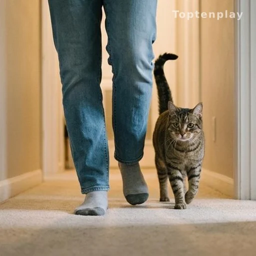 Chat suivant son propriétaire dans un couloir de maison, lien affectif félin
