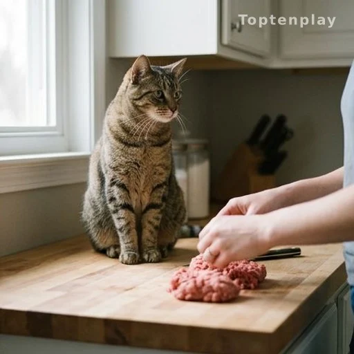 Chat observant attentivement les gestes de son propriétaire dans la cuisine
