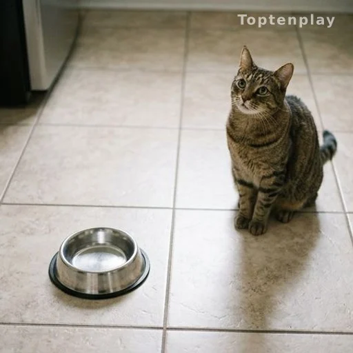 Bol de nourriture vide pour chat sur carrelage, signal de faim féline