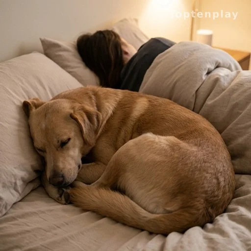 Chien endormi contre son propriétaire dans un lit, instinct de meute